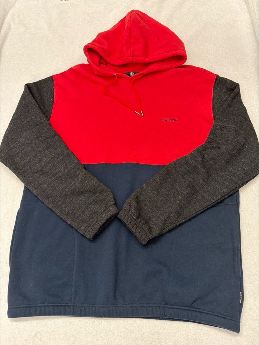 Volcom Men’s Red, Charcoal & Navy Colorblock Pullover Hoodie